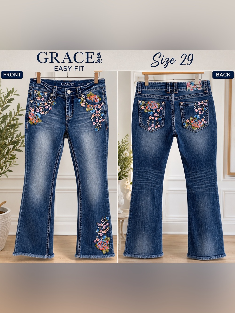 Grace in LA Easy Fit Floral Embroidered Bootcut Jeans Size 29